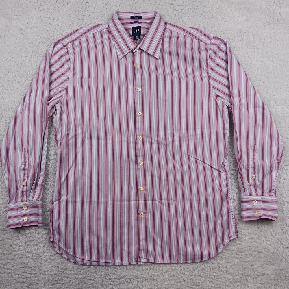 Gap Button Down Shirt Mens XL Red Pink White Striped Fitted Premium Long‎ Sleeve